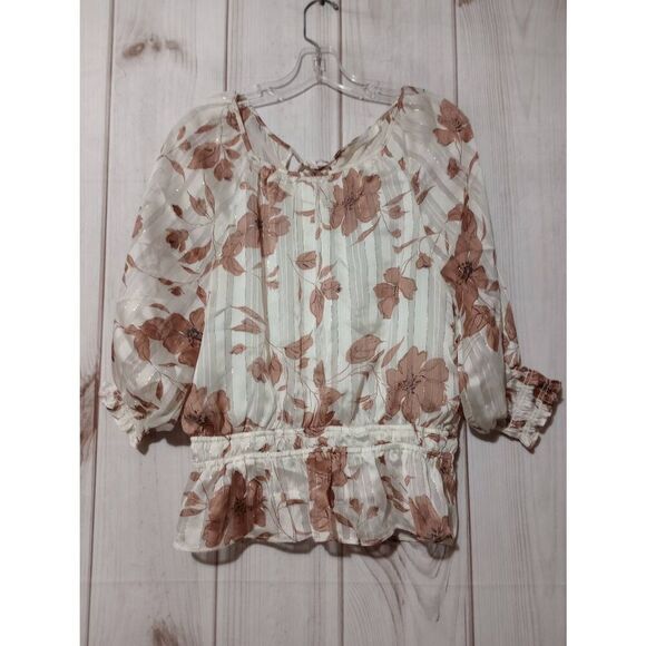 Lush Shirt Ladies Medium White Tan Floral Semi‎ Sheer Sleeves Light Weight - Picture 1 of 9